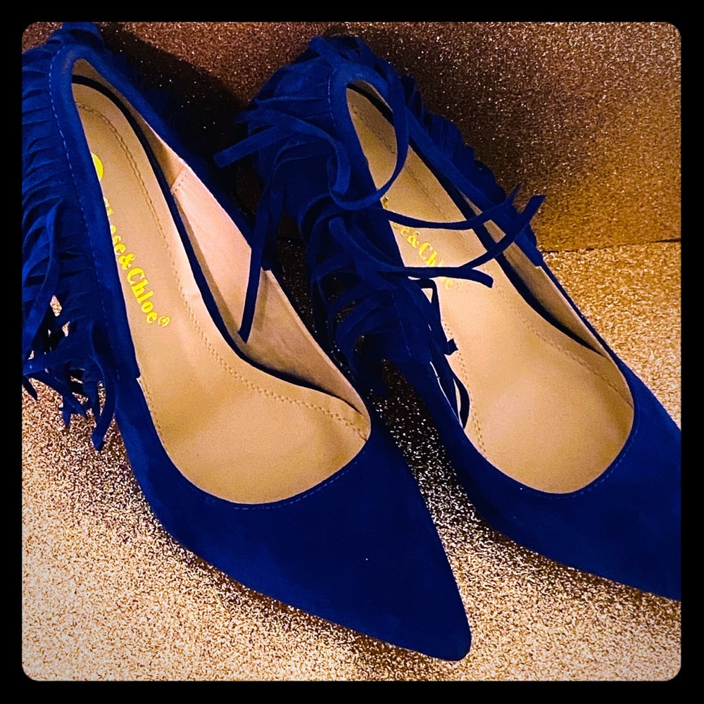 Blue suede fringe heels